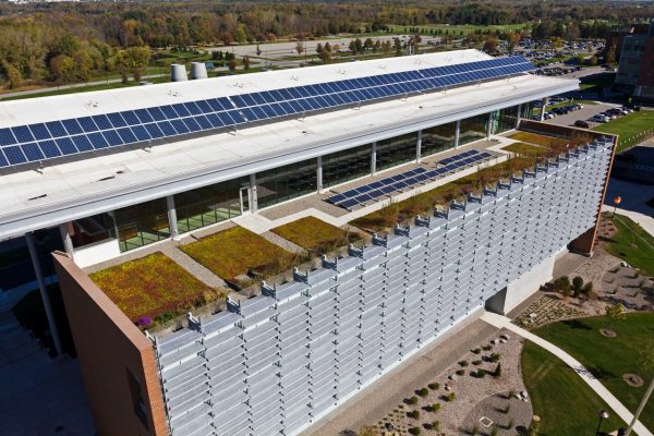 view of the green roof and solar panels